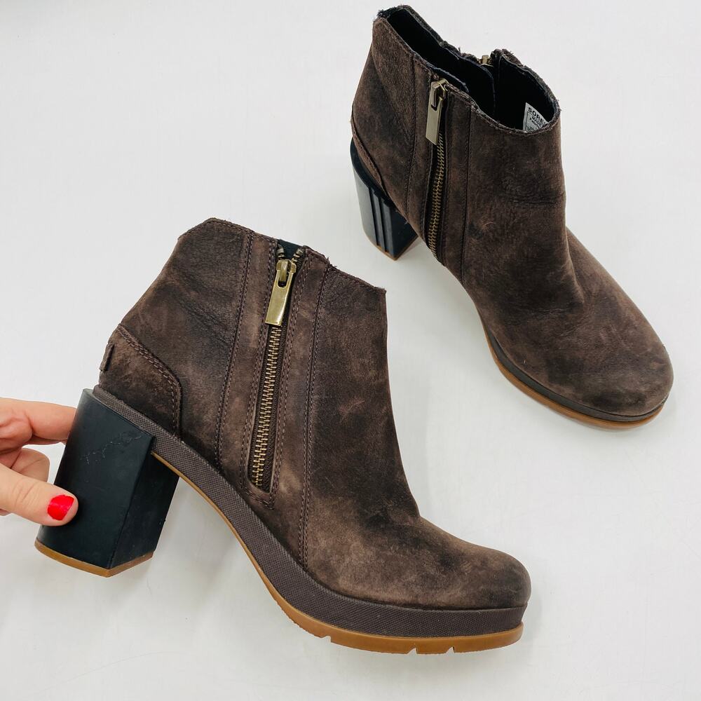 Sorel brown leather chunky heel booties